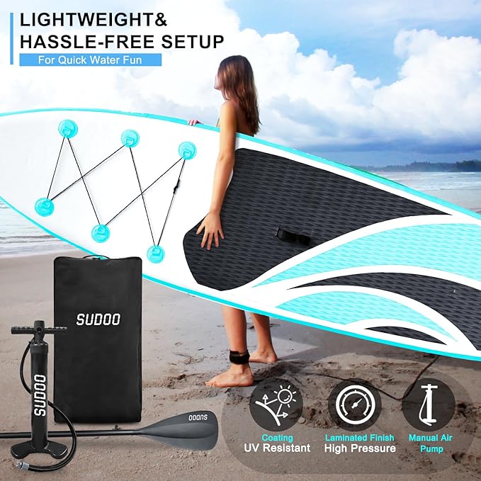 Inflatable Stand Up Paddle Board 10‘x30‘‘- Ultra-Light SUP with Backpack, Pump, Paddle, Coil Leash, 3 Fins, Repair Kit, Stable Design, Non-Slip EVA Deck for Adults & Youth-StrideForce Fitness