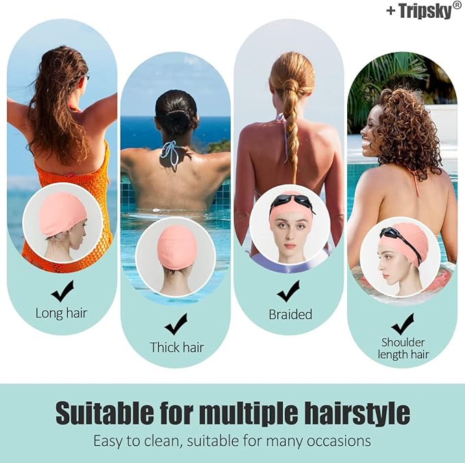 Tripsky Silicone Swim Cap,Comfortable Bathing Cap Ideal for Curly Short Medium Long Hair, Swimming Cap for Women and Men, Shower Caps Keep Hairstyle Unchanged…-StrideForce Fitness