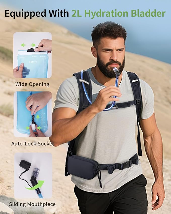 ECOHUB Hydration Backpack for Men Women, 20L Lightweight Hiking Daypack Cycling Backpack with 2L Water Bladder, Insulated Hydration Pack with Waist Pack-StrideForce Fitness