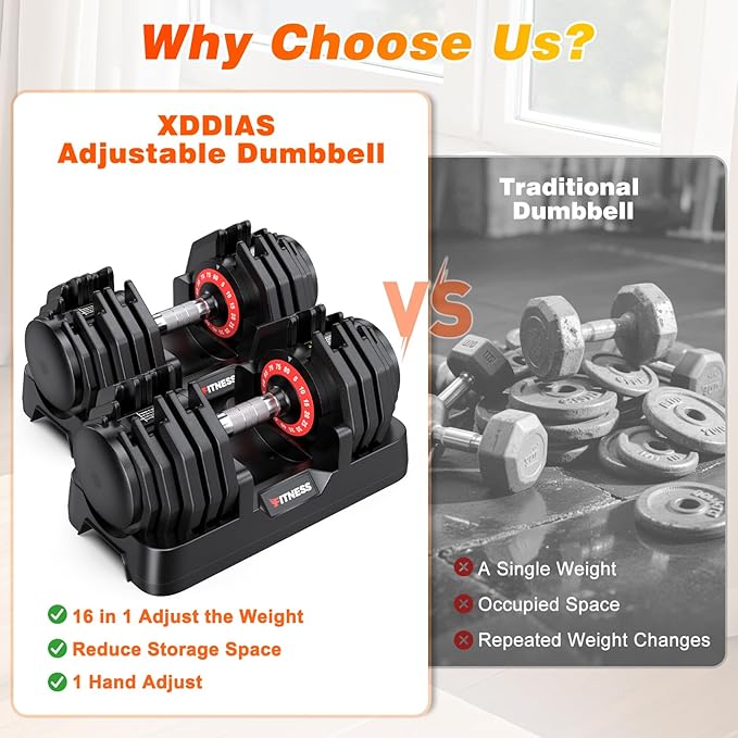 XDDIAS Adjustable Dumbbell Set of 2, 25/55/80LB Dumbbell Set-1Sec Adjustable Weights-5/10 in 1 Free Weights Dumbbells Set with Effortless Tray/No-Slip Handle-Compact Size for Women/Men at Home Gym-StrideForce Fitness