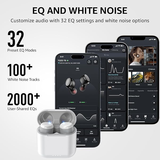 TOZO T6 Wireless Earbuds, IPX8 Waterproof Ear Buds, Stereo Bass Sound Bluetooth 5.3 Headphones in Ear, 50 Hours Playtime Earphones, Wireless Charging Case, Custom 32 EQ via APP-StrideForce Fitness