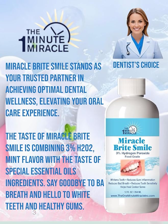 Miracle Brite Smile - Essential Oxygen Rinse Mouthwash for Whiter Teeth, Fresher Breath, and Healthier Gums, Peppermint 12 fl. oz. Our Brand is Reconmended by Dentists.