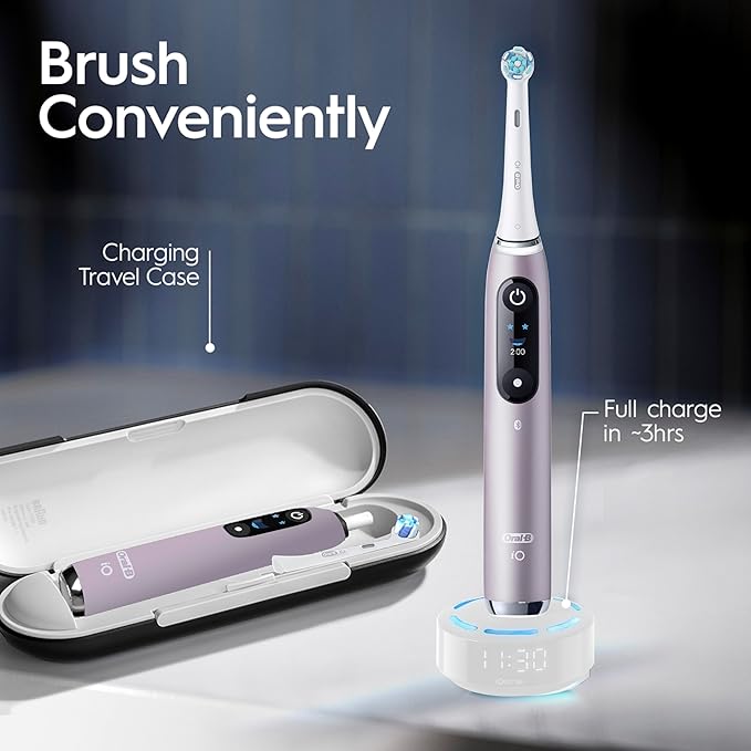 Oral-B iO Series 9 Limited Rechargeable Rose Quartz Electric Toothbrush with (2) Ultimate Clean and (1) Gentle Care Replacement Brush Heads, White, Travel Case-White and Charger