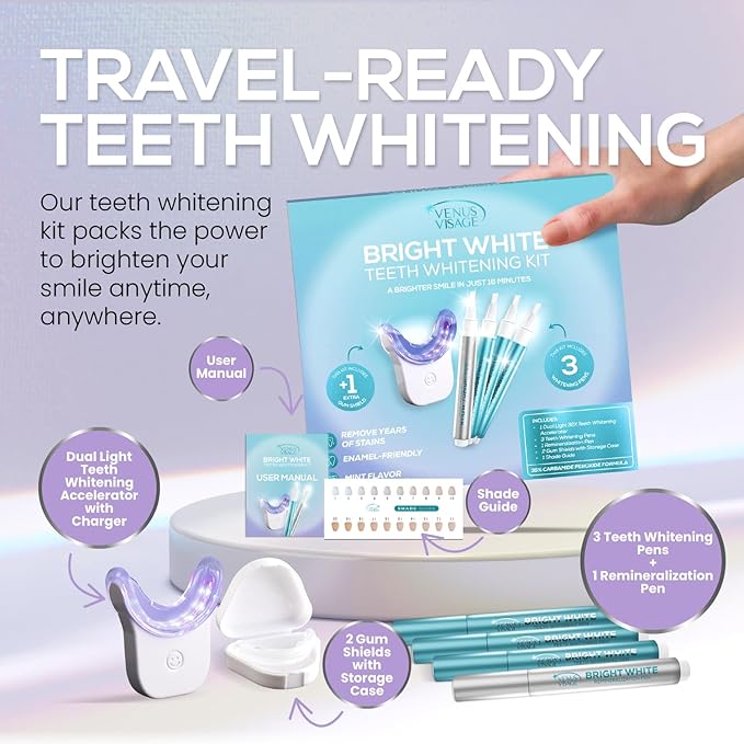 Venus Visage Teeth Whitening Kit with LED Light Device - Includes 3 Carbamide Peroxide Gel Pens, Teeth Whitening Trays & Remineralization Pens - 16 Min Non Sensitive