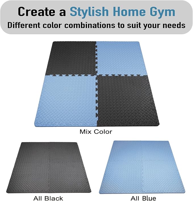 AIRHOP Upgraded 0.79" Extra Thick 48 Sq Ft High-Density Eva Foam Exercise Gym Mats, 12 Pcs Large Interlocking Puzzle Floor Tiles (24"x24") for Home Gym, Black&Blue-StrideForce Fitness