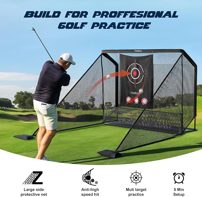 Golf Cage Practice Hitting Net,10x7ft Heavy Steel Frame with 2 Net Side Barriers,for Backyard Driving Chipping Swing Training, Home Range for Indoor& Outdoor.-StrideForce Fitness