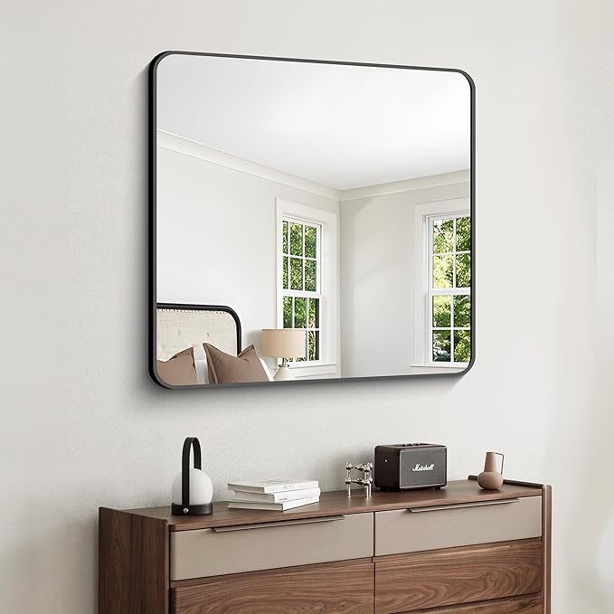 FORBATH Bathroom Mirror 30" x 30", Large Square Wall Mirror with Black Aluminum Frame Rounded Corner, Wall Mounted Mirror for Bathroom Bedroom Entryway Living Room-StrideForce Fitness