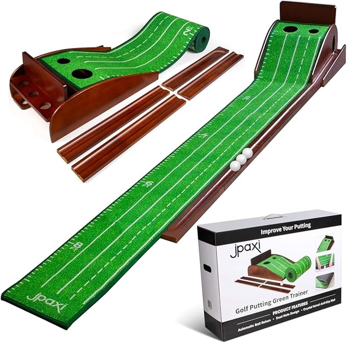 Golf Putting Mat with Ball Return - Putting Green Indoor Featuring 9ft Non-Slip Velvet Surface for Indoor & Outdoor - Smooth, Skip-Free Walnut Ball Return System - Golf Practice Mat for Backyard-StrideForce Fitness