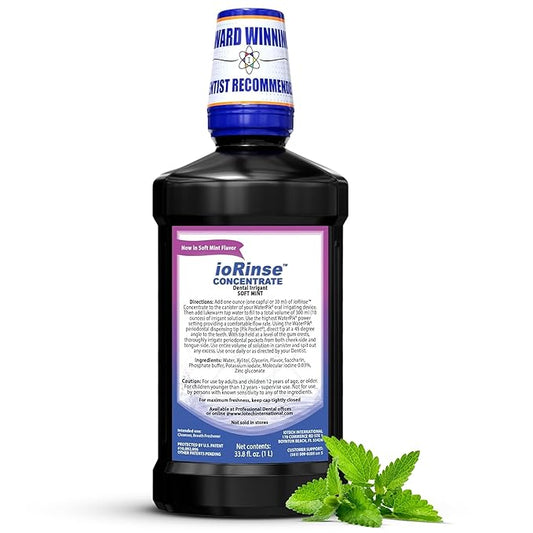 ioRinse Concentrated Irrigant with Active Molecular Iodine, Alcohol-Free Dental Irrigant, use with Water Flossers, and All Other Oral Irrigation Devices - Soft Mint