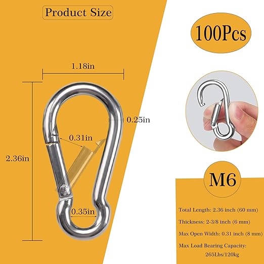 100Pcs 2.4" Carabiner Clip Spring Snap Hook, M6 2-3/8 Inch Heavy Duty Galvanized Steel Spring Snap Hook, Quick Link Keychain Clip for Keys Swing Set Camping Fishing Hiking Traveling(260 lbs Capacity)-StrideForce Fitness