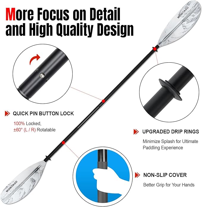 Kayak Paddle with Aluminum Shaft and Reinforced PP Blade, Floating Kayak Oar for Kayaking Canoeing and Boating, 220 cm/86 inches - 230 cm/90 inches-StrideForce Fitness