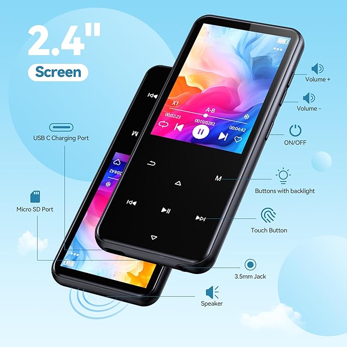 AGPTEK 64GB MP3 Player with Bluetooth, M3 2.4 inch Music Player with Speaker and FM Radio, Touch Buttons, Supports Up to 128GB(Black)-StrideForce Fitness