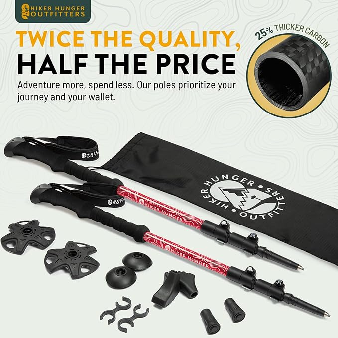 100% Carbon Fiber Trekking Poles by USA Brand - Ultra Strong Lightweight Collapsible Hiking Poles with Cork and EVA Foam Grips & Quick Adjustable Flip Locks-StrideForce Fitness