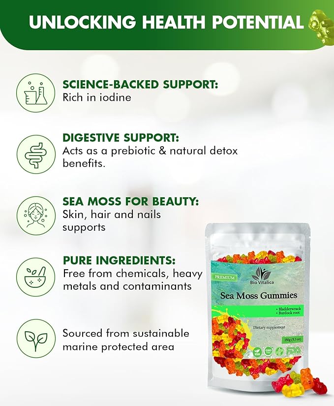 Sea Moss Gummies - Irish sea Moss raw Organic, Bladderwrack, Burdock Root. Contains Sea Moss Gel and Powder. Superfoods for Vegan, Keto and Dr Sebi Diet. Immune Boosting (2 Packs)-StrideForce Fitness