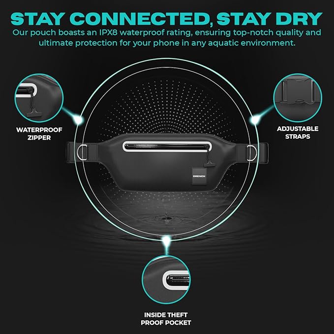 DRENCH 100% Underwater Waterproof Fanny Pack. Waist Pack. Submersible Waterproof Phone Pouch. Dry Bag for Swimming & Snorkelling. Underwater Phone case. (black with 2 rings)-StrideForce Fitness