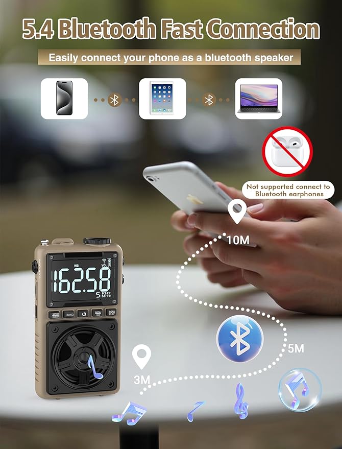 Bluetooth AM FM Shortwave Radio with NOAA Weather Alert,1250mAh Rechargeable Portable Pocket Radio with Best Reception,5W Big Speaker, Digital Tuner and Earphone,Support SD Card and USB Player（Brown）-StrideForce Fitness