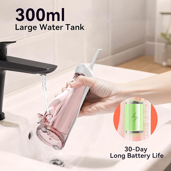Cordless Portable Water Flosser with 300ML Tank: Rechargeable Oral Irrigator with 5 Tips for Travel, Braces Care and Sensitive Gums, IPX7 Waterproof Teeth Cleaning Device(Pink)