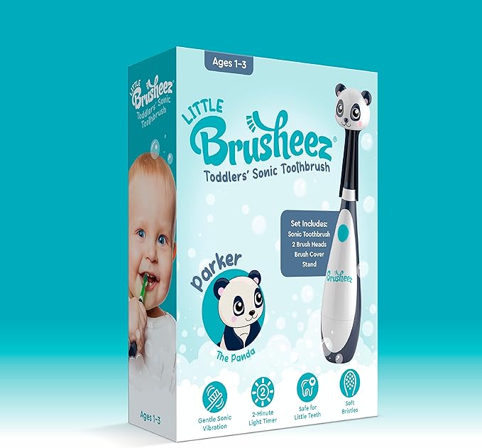 Brusheez Little Toddlers’ Sonic Toothbrush - Safe & Gentle Toothbrush for Ages 1-3 with Built-in, Light-Up 2-Minute Timer, Extra Brush Head, & Storage Base for First-Time Brushers (Parker The Panda)