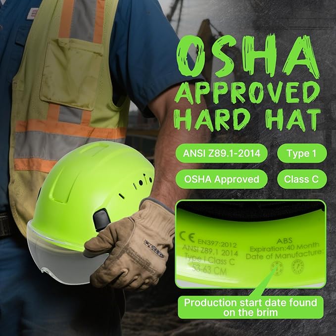 AOLAMEGS ABS Safety Hard Hat - ANSI Z89.1 Approved Safety Helmet with Visor Adjustable Vented Hardhat for Men Women Adults Safety Hardhats for Industrial Construction Work (Bright Yellow Clear Visor)-StrideForce Fitness