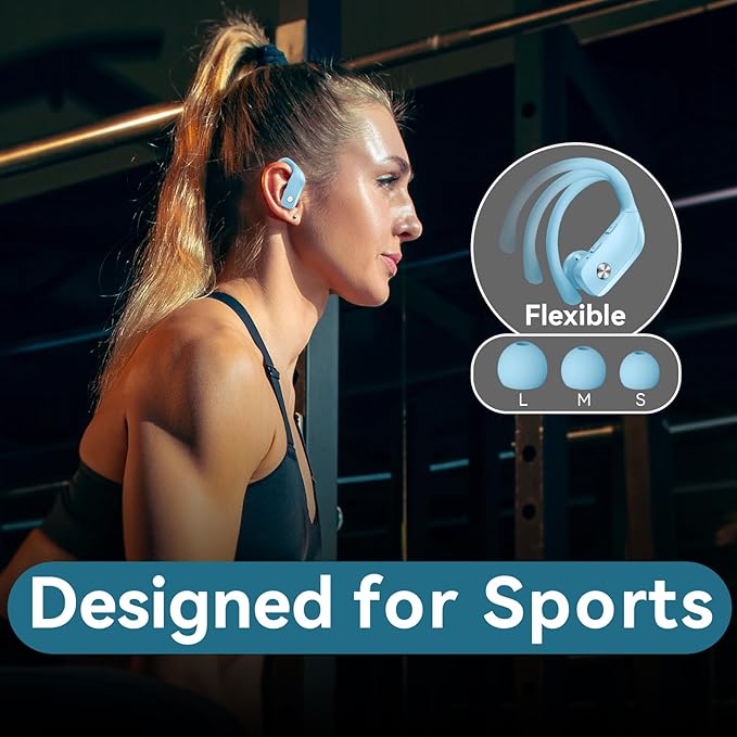 bmani Ear Buds Wireless Earbuds Bluetooth Headphones with 80H Playtime LED Display Case, Over-Ear Hook with Mic, Stereo Sound, Easy Button Controls, Sports Earphones for Running Workout Sky Blue-StrideForce Fitness