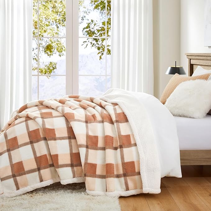 PU MEI Super Soft Faux Rabbit Fur Sherpa Fleece Throw Blanket, Reversible Luxury Cozy Cute Furry Blanket, Plush Warm Shaggy Fluffy Checkered Blankets for Sofa Couch Bed (Beige-Plaid, 80" x 90")-StrideForce Fitness