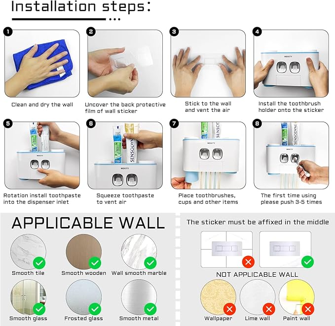 Toothbrush Holder Wall Mounted, WEKITY Multi-Functional Toothbrush and Toothpaste Dispenser for Bathroom, with 5 Toothbrush Slots, 2 Toothpaste Squeezers and 4 Cups(Blue)