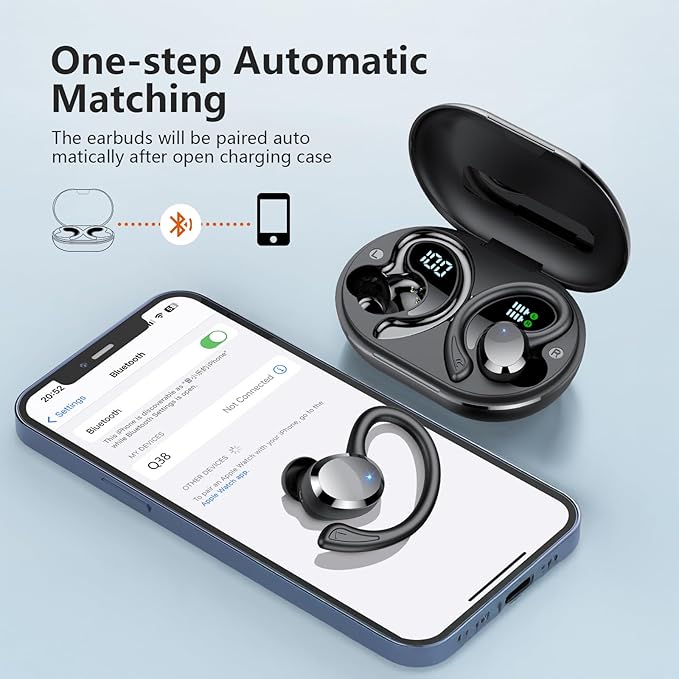 Wireless Earbuds, 2025 New Bluetooth 5.4 Headphones Sport Earphones with 68Hrs Playtime LED Display ENC Noise Cancelling Mic, IPX7 Waterproof Over Ear Ear Buds with Hook for Sports/Running-StrideForce Fitness
