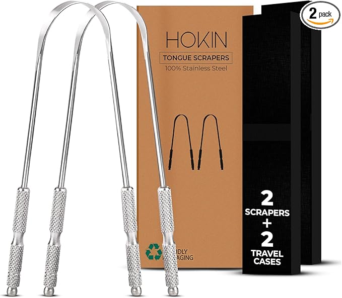 Tongue Scraper for Adults by HOKIN (2Pcs Oral Care Pack) Stainless Steel Tongue Cleaners Reduce Bad Breath 100% Metal Tough Scrapers Men and Women Hygiene Product
