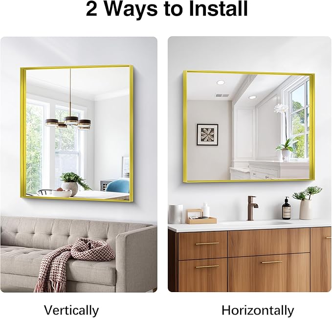 Gold Bathroom Mirror, 30x36 Inch Rectangular Framed Mirror, Large Wall Mounted Bathroom Vanity Mirror Over Sink for Bedroom,Restroom, Living Room, Hangs Vertically or Horizontally-StrideForce Fitness