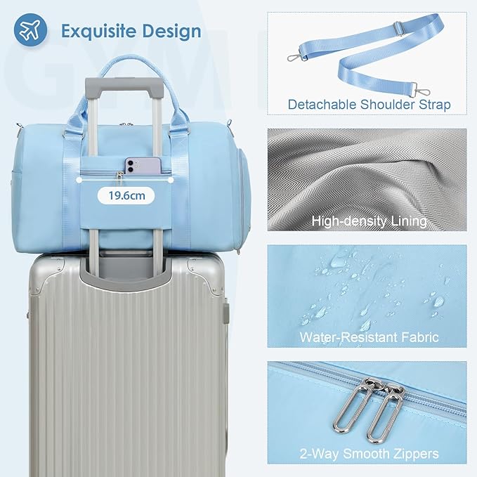 FIORETTO Womens Gym Tote Duffle Bag with Toiletry Bag, Sports Duffel Overnight Hospital Workout Carry on Bag for Girls with Wet Pocket & Shoe Compartment, Ideal for Travel, Swimming, Dance Light Blue-StrideForce Fitness