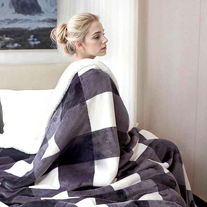 PU MEI Sherpa Blanket Fleece Throw Blanket Twin Plaid Thick Bed Blanket, Soft Warm Cozy Dark Grey Checkered Throw Blanket 60"*80"-StrideForce Fitness