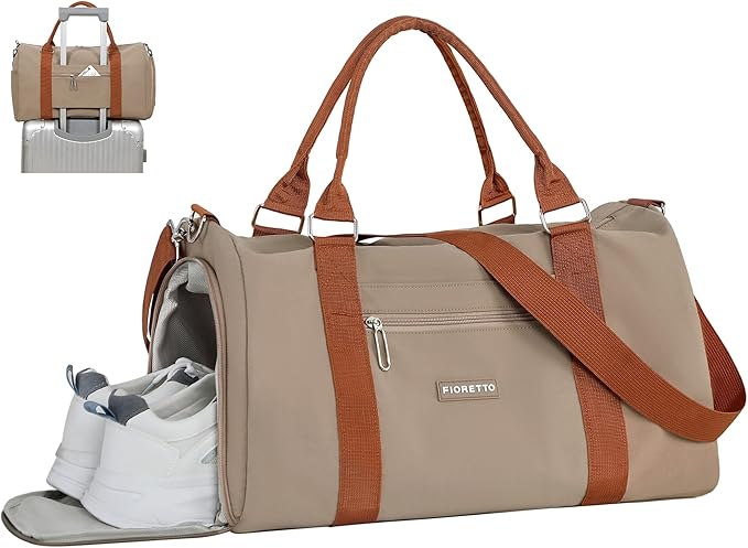 FIORETTO Womens Gym Tote Duffle Weekender Bag with Wet Pocket & Shoe Compartment, Ideal for Travel, Swimming, Dance, Khaki-StrideForce Fitness