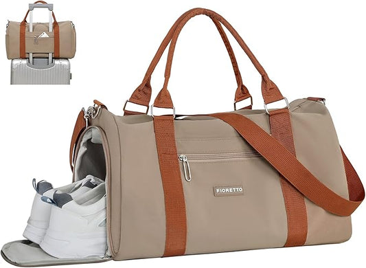 FIORETTO Womens Gym Tote Duffle Weekender Bag with Wet Pocket & Shoe Compartment, Ideal for Travel, Swimming, Dance, Khaki-StrideForce Fitness