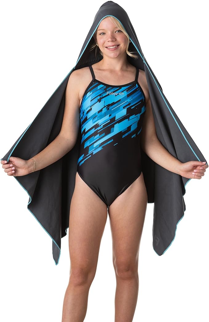 Flow Hydro Sport Towel - Microfiber Quick Dry Swimming Towels for Swim, Pool, Triathlon, and Other Water Sports in Medium, Large, Extra Large, and Hooded Sizes (Gray, Large w/Hood)-StrideForce Fitness