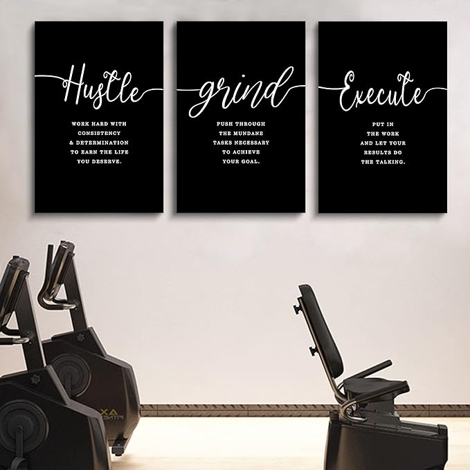 Hustle Quotes Execute Prints, Framed Canvas Wall Art Success Quote, Office Wall Art, Black Large Poster, Positive Motivational Set of 3 Prints, Boss Gift (F-3pcs,20x30inchx3pcs)-StrideForce Fitness
