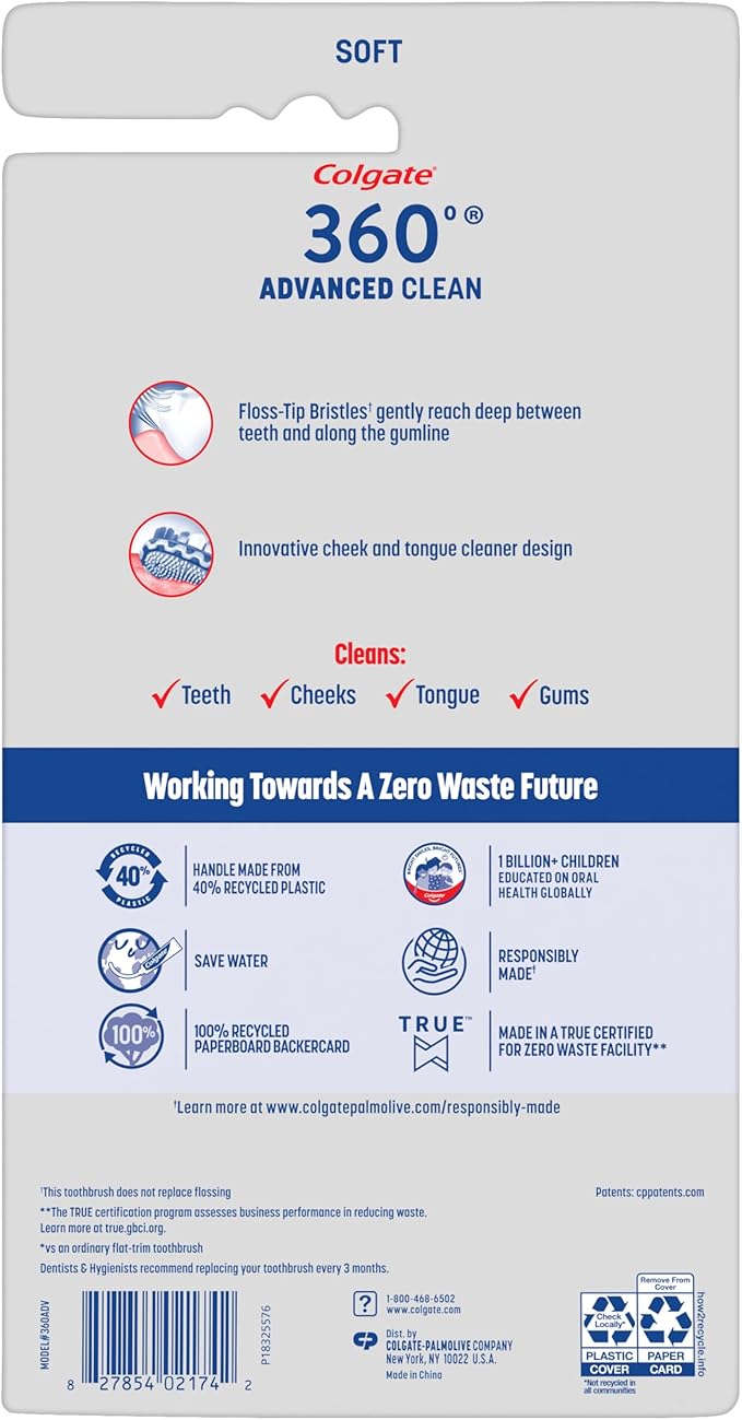 Colgate 360 Advanced Clean Adult Soft Toothbrush Pack, 6 Soft Bristled Toothbrushes with Cheek and Tongue Cleaner, Helps Clean Your Teeth, Tongue, Cheeks, and Gums, 6 Pack