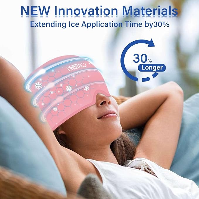 Migraine Relief Cap, Migraine Ice Head Wrap, Headache Ice Hat, Cold Therapy Headache Relief Cap for Migraine Eyes Mask Pink Headache Ice Pack for Puffy Eyes, Tension, Sinus & Stress Relief-StrideForce Fitness