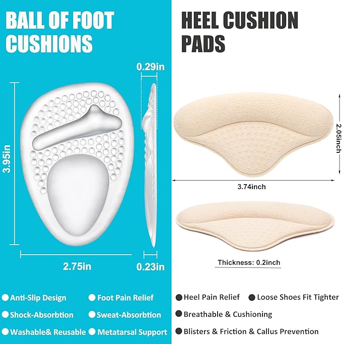 Ball of Foot Cushions and Metatarsal Pads for Women,Heel Cushion Pads, Heel Grips for Heel Pain Relief, Blisters,Friction, Non-Slip Shoe Inserts for Loose Shoes,Shoe Fillers Make Shoes Fit Tighter-StrideForce Fitness