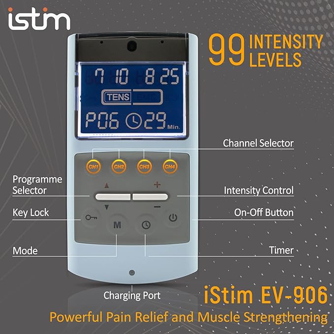 iStim TENS EMS Muscle Stimulator, EV-906 for Pain Relief and Muscle Strengthening, Japanese Gelled Electrodes Included-StrideForce Fitness