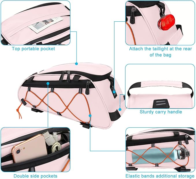 MOSISO Bike Rack Bag with 2 Removable Panniers, Waterproof Bike Trunk Cooler Storage Handbag Insulated Bicycle Rear Seat Pouch, Bicycle Storage Saddle Shoulder Bag Cycling Luggage Pouch, Pink-StrideForce Fitness