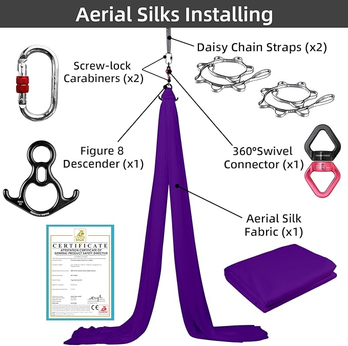 PRIOR FITNESS Aerial Silks Kit Colorful 9/15/20 Yards 40D Nylon Fabric Hammock Set With Hardware & Guide for All Levels Of Aerial Yoga Practice and Acrobatic Flying For Adults Aerial silk-StrideForce Fitness