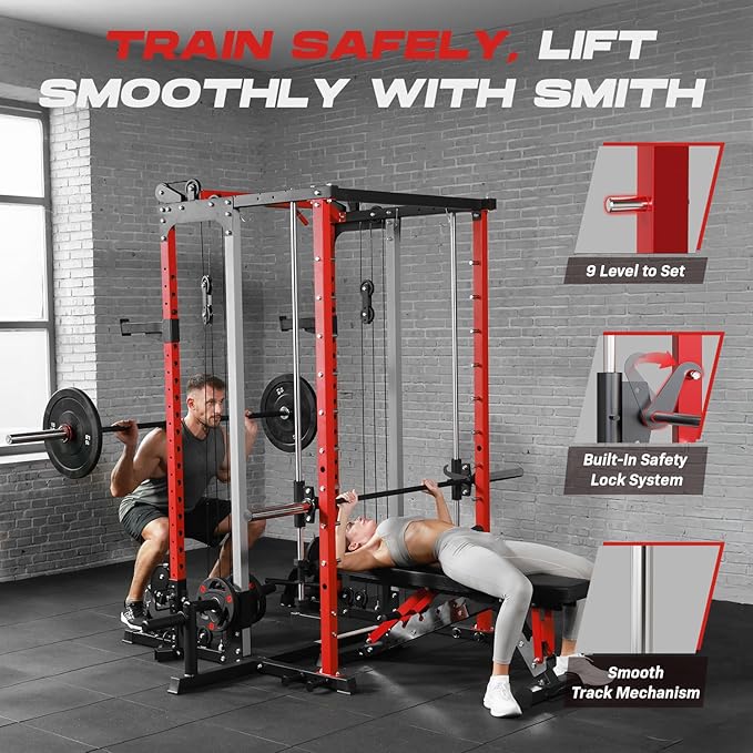 Smith Machine Home Gym, Multi-Function Power Cage with Dual Pulley Cable Crossover System, All-in-One Squat Rack with Smith Bar and Strength Training Attachments for Full-Body Workouts-StrideForce Fitness