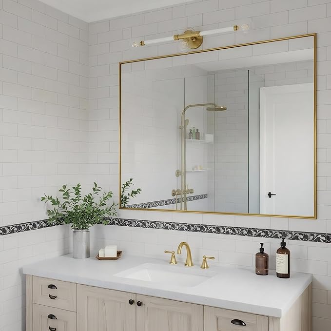 24x36 Inch Brass Bathroom Mirror for Wall, Aluminum Frame Rectangle Rectangular Vanity Mirror, Modern Large for Bedroom, Living Room, Horizontal or Vertical-StrideForce Fitness