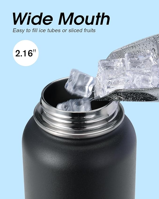 Water Bottle 32 oz Insulated with Straw, Coolflask Stainless Steel Metal 3 Lids Water Flask Wide Mouth for Sports or Office, Non-BPA Keep Cold Up to 48 Hrs or Hot Up to 24 Hrs, Magic Black-StrideForce Fitness