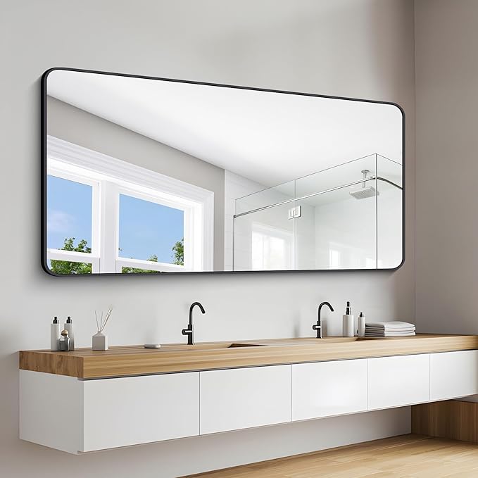 72" x 36"Bathroom Mirror, Matte Black Wall Mirror with Metal Frame, Decorative Rectangular Vanity Mirror for Bedroom Bathroom Living Room Entryway (Horizontal/Vertical)-StrideForce Fitness