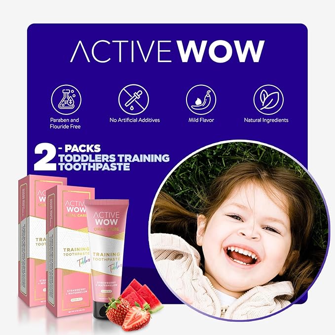 Active Wow Training Toothpaste – Fluoride-Free, Toddler-Safe, Gentle, Vegan, Safe to Swallow – Strawberry Watermelon, 2 Pack