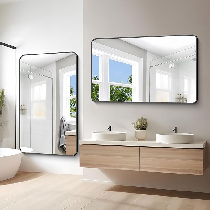 60x36 inch Large Bathroom Mirror,Black Rectangle Mirror,Wall Mounted Bathroom Frame Vanity Mirror with Round Corner for Bedroom Living Room, Entryway Hangs Horizontal or Vertical-StrideForce Fitness