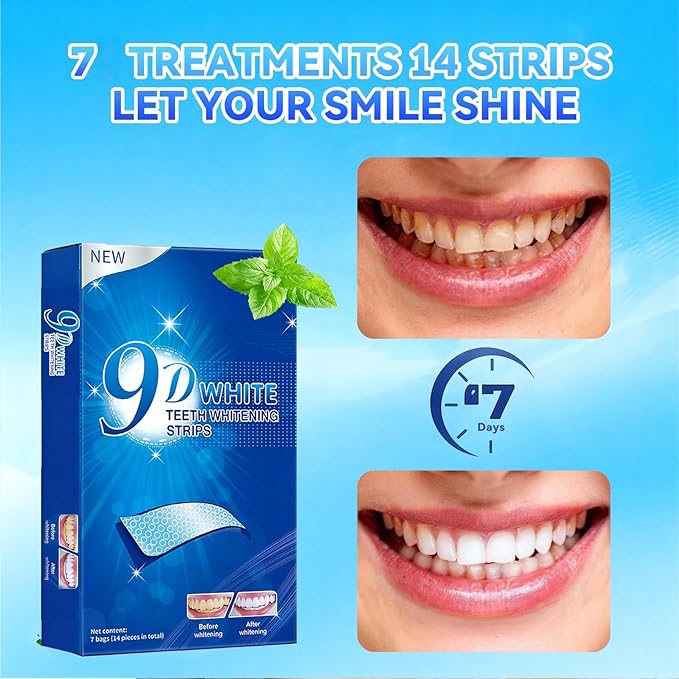 Teeth Whitening Strips - 9D Teeth Whitening Kit Professional Effects, Non-Sensitive Teeth Whitener for Enamel Safe, 14 Strips (7 Day Treatment) Remove Stains for a Brighter Smile, Mint