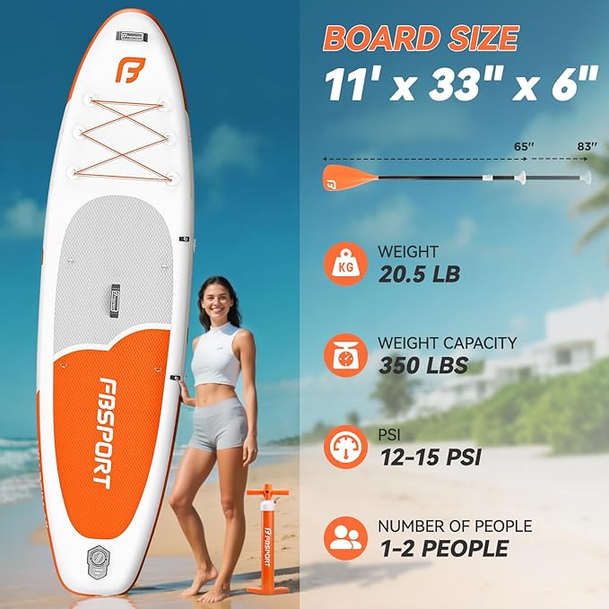 FBSPORT 11FT Premium Inflatable Stand Up Paddle Board with Electric Pump, Yoga Board with SUP Accessories & Carry Bag | Wide Stance, Surf Control, Non-Slip Deck, Leash and Paddle for Youth & Adult-StrideForce Fitness