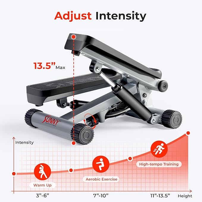Sunny Health & Fitness Mini Stepper for Exercise at Home, Stair Step Workout Machine with Resistance Band and Over 300lb Weight Capacity, Optional Twist Motion and Free SunnyFit App Connection-StrideForce Fitness